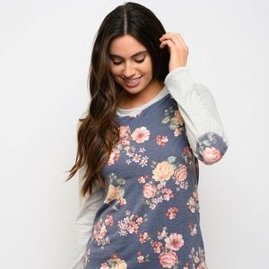 New Junior's Boutique blue floral striped long sleeve elbow patch top